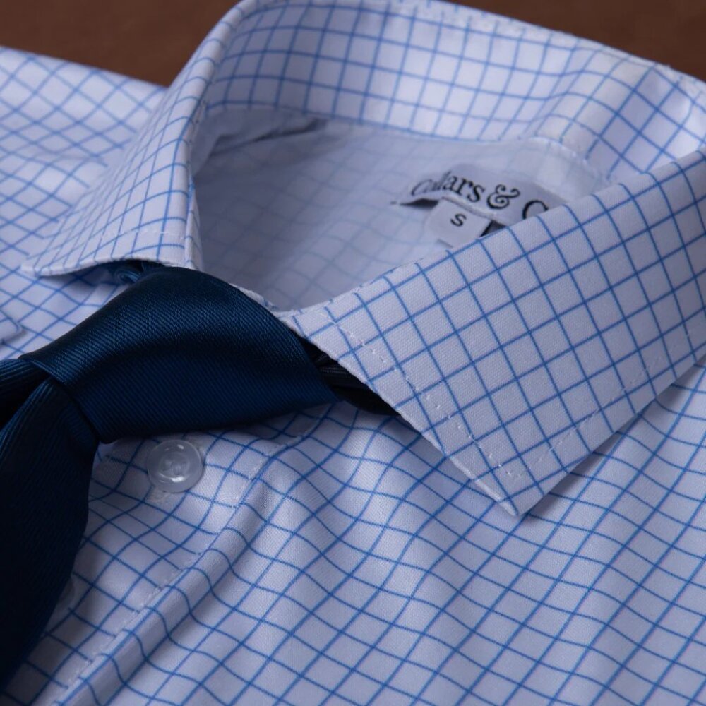 Collars & Co Semi-Spread Collar Short-Sleeve Golf Polo, Thin Blue Check - Picture 7 of 12